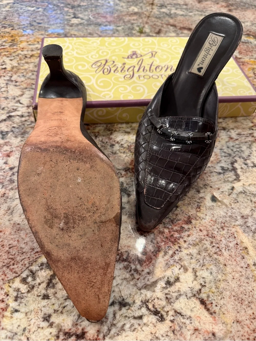 Brighton slides 2 1/2” heel; brown size 9